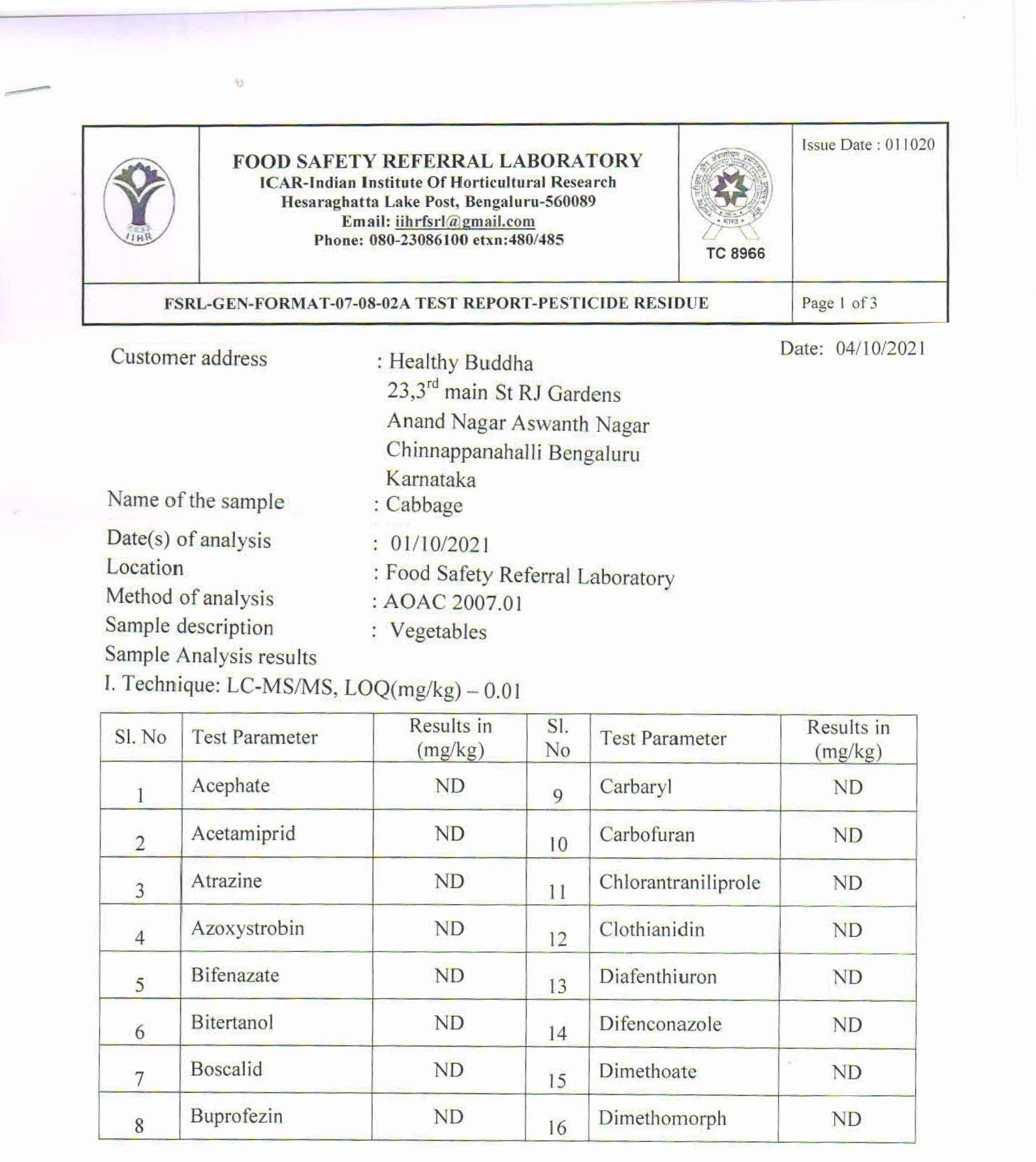 Pesticide Residue Test Results for Organic Cabbage